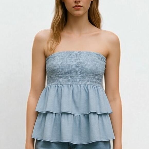 2/$30 Simply Southern Smocked Tiered Strapless Top Baby Blue Layered Size M - Picture 1 of 10